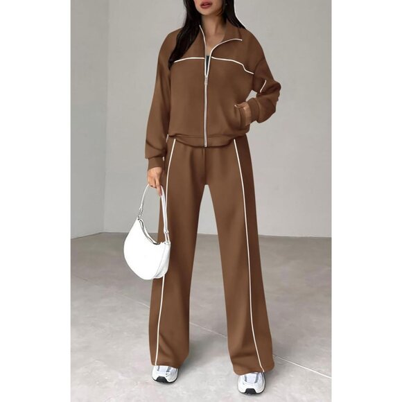 Women's Fall Two Piece Tracksuit Set Cozy Long Sleeve Zip Sweater Pants - Picture 7 of 8
